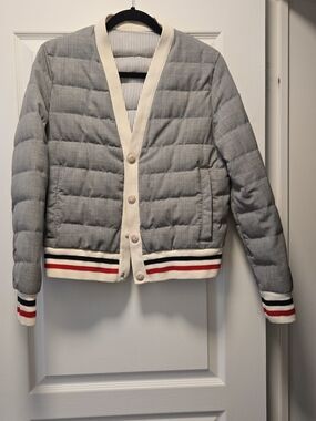 Moncler Gamme Bleu Light Gray Quilted Varsity Jacket with Ivory Trim